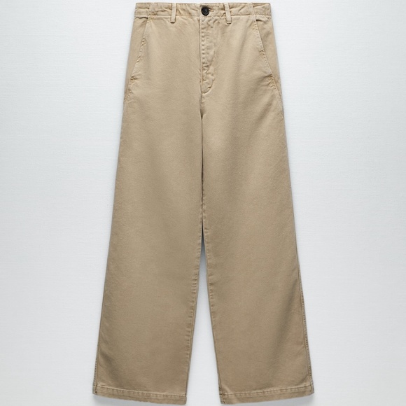 NWT ZARA WIDE LEG MID RISE LOOSE FIT PANTS  Beige - Picture 4 of 5